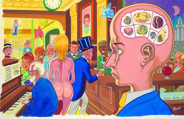 An illustrated bar scene featuring a person with a bald head in the foreground in profile. Their brain is shown divided into various visualized thoughts.