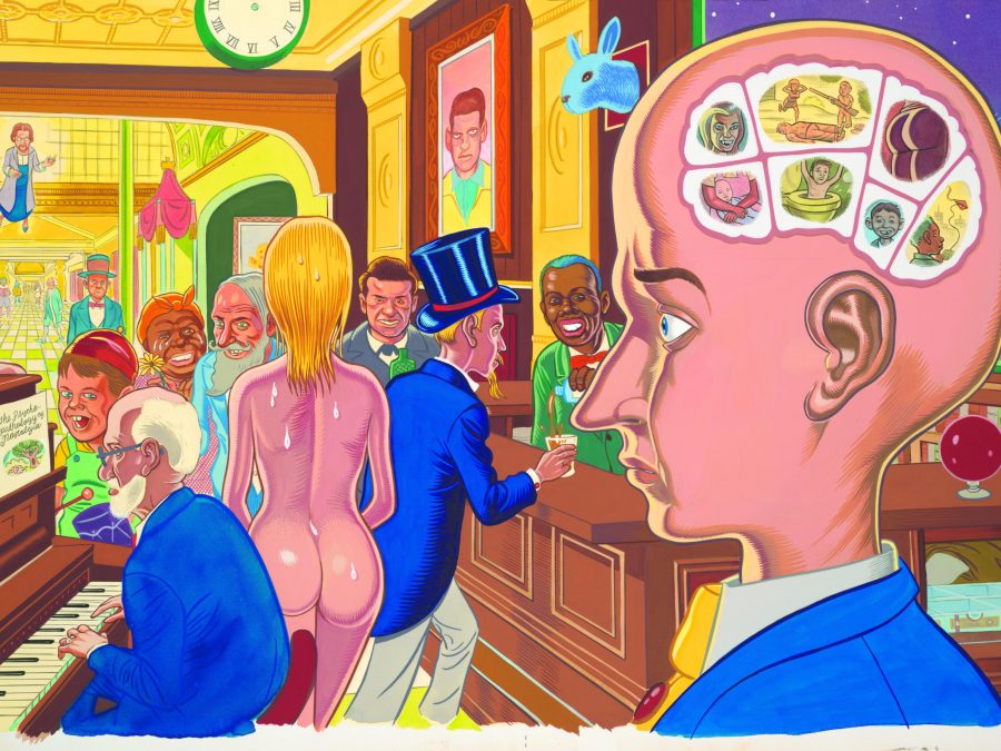 An illustrated bar scene featuring a person with a bald head in the foreground in profile. Their brain is shown divided into various visualized thoughts.