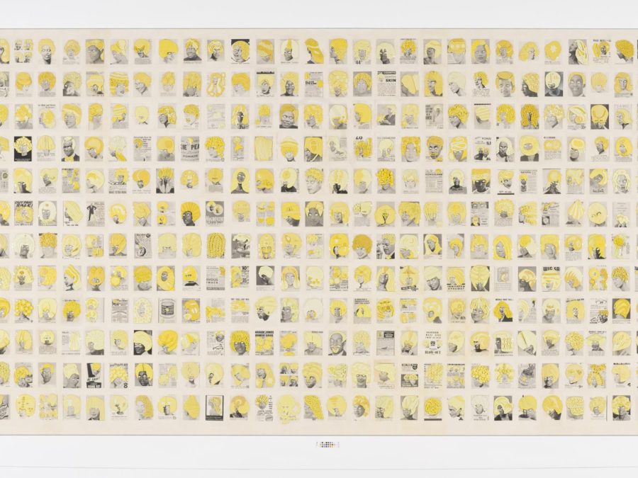 A grid of hundreds of small yellow drawings