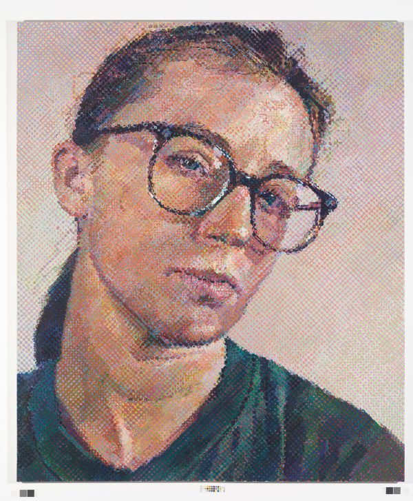 A painting shows a light-skinned person with dark hair pulled into a low ponytail behind their head wearing glasses and a dark green shirt.