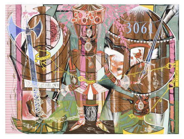 A fragmented, pink-tinged painting of a robot knight holding a sword and an axe in between two objects. One bearing the numbers 3061.