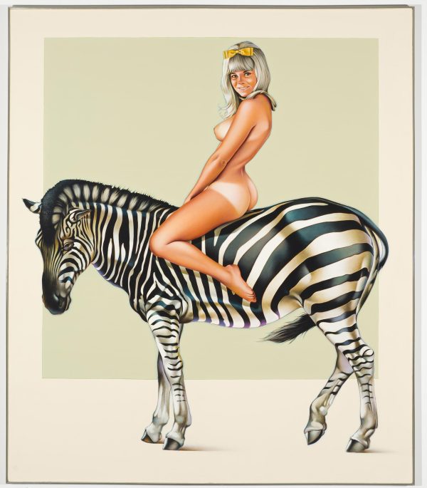 A painting of a light-skinned female who smiles toward the viewer while riding a zebra in the nude, a tan line around where a bikini would be