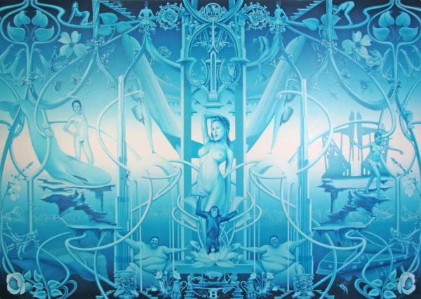 An almost symmetrical painting in a blue gradient featuring a nude female in the middle surrounded by airplanes, vines, whales, sumo wrestlers, and an ape