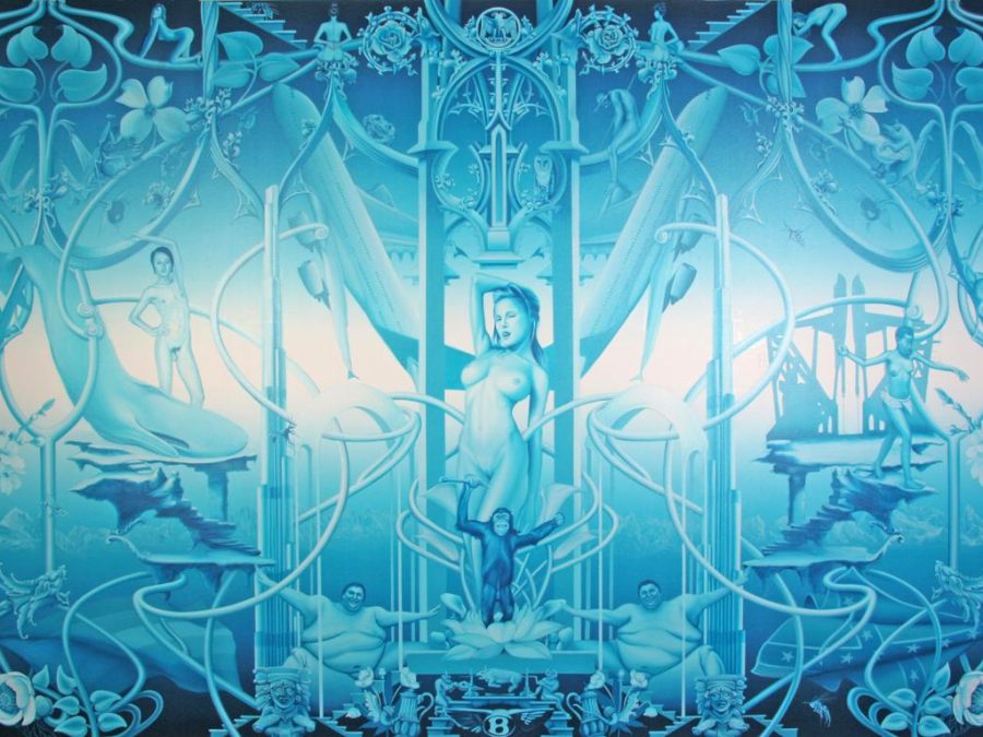 An almost symmetrical painting in a blue gradient featuring a nude female in the middle surrounded by airplanes, vines, whales, sumo wrestlers, and an ape