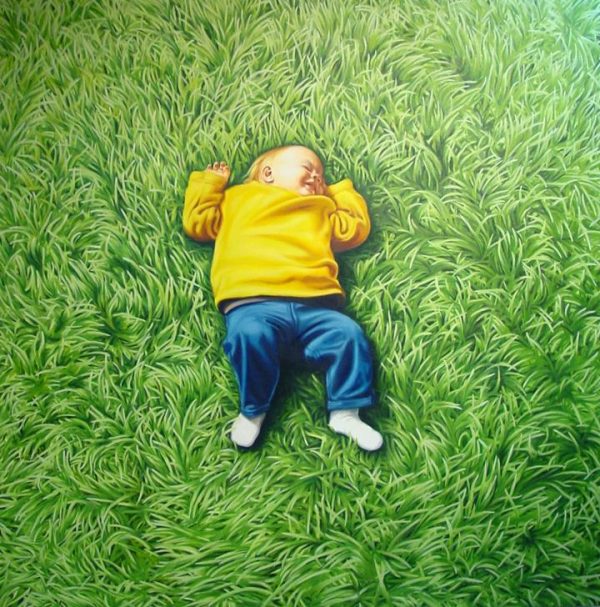 Realistic painting of a baby dressed in a yellow sweatshirt and blue pants lying in the grass