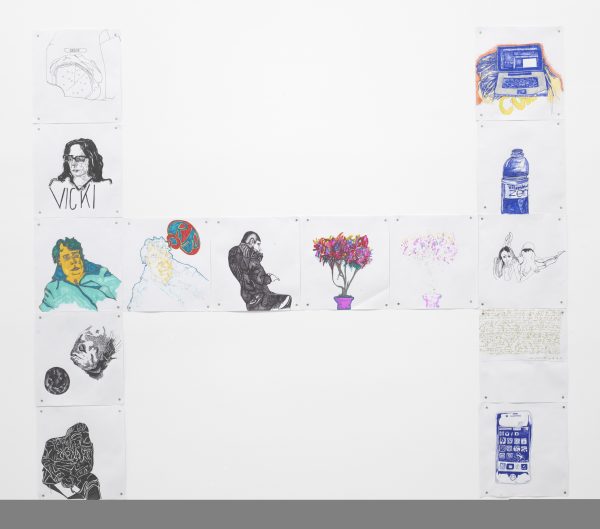 The letter H made up of drawings of people on the left side and objects on the right