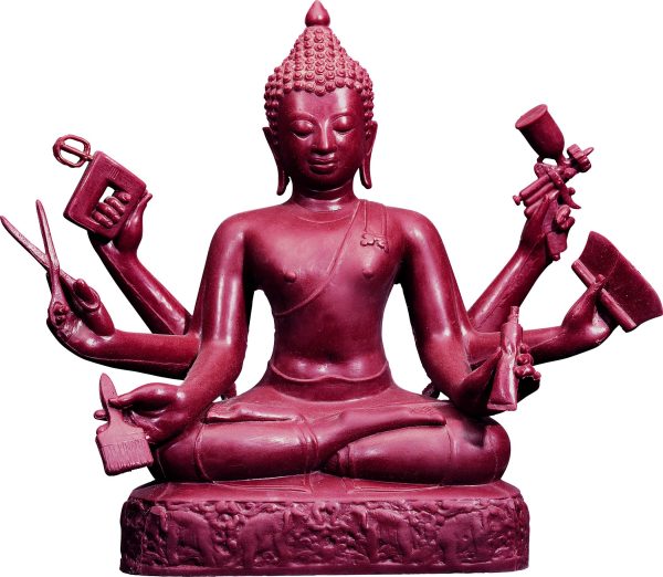 A rust colored buddist sculpture of a seated person with six hands holding in clockwise order, a paint spray gun, a large brush, a paint tube, a paint brush, scissors, and a hand-held mixer