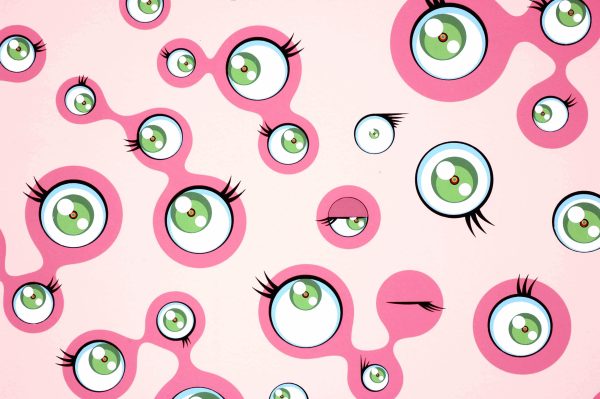 Various sized eyeballs with green irises making various expressions, some connected by pink bubbles against a light pink background