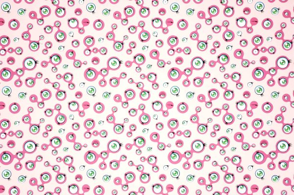 Hundreds of eyeballs of various sizes, some connected by pink circles and lines, making various expressions, from winking to rolling the eye. The open eyes have green irises. All are against a light pink background.