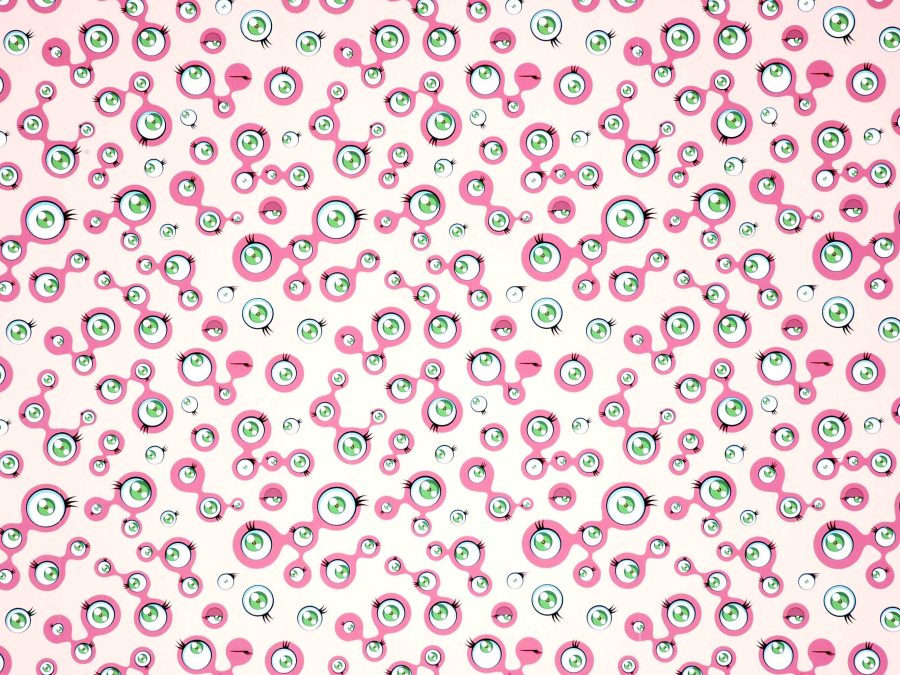 Hundreds of eyeballs of various sizes, some connected by pink circles and lines, making various expressions, from winking to rolling the eye. The open eyes have green irises. All are against a light pink background.