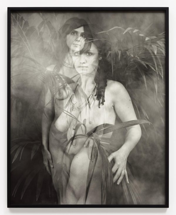 Super imposed picture of two nude, feminine people with long dark hair