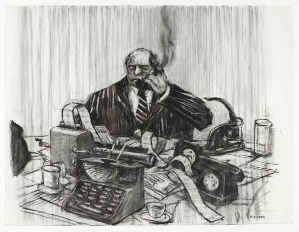 Drawing of a large man in a business suit behind a desk filled with registers spilling long receipts among other desk accessories including a phone and coffee mugs. He holds a phone receiver to his ear that appears to be smoking.