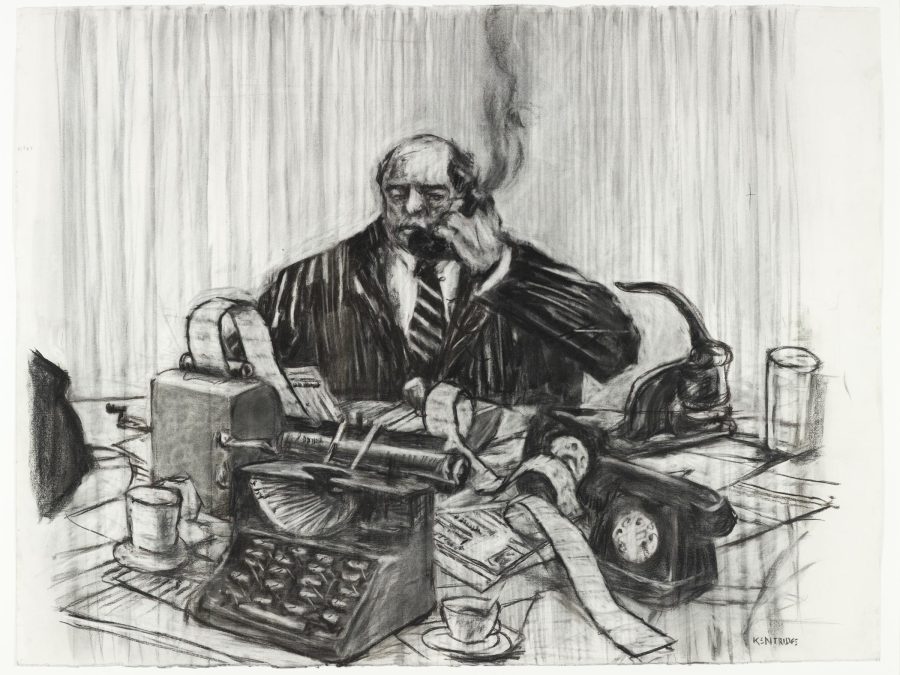 Drawing of a large man in a business suit behind a desk filled with registers spilling long receipts among other desk accessories including a phone and coffee mugs. He holds a phone receiver to his ear that appears to be smoking.