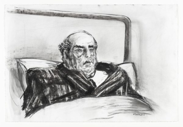 Rough drawing of a man in a striped business suit sitting up in bed