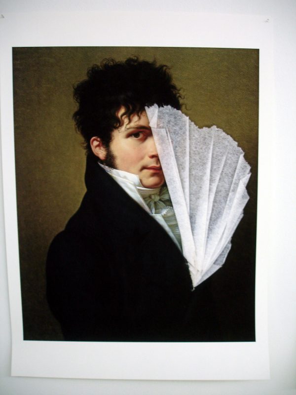 A portrait painting shows a person with half of their face covered with tissue paper.