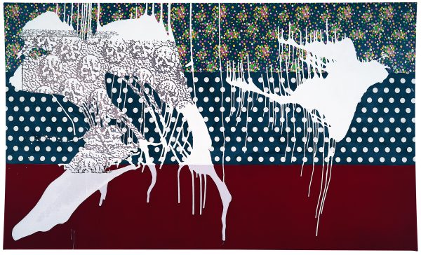Two large white paint splatters cover three stripes of patterns: floral on top, white polka dots in the middle, and solid burgundy on the bottom. In the paint splatter on the left is repeating prints of skulls.