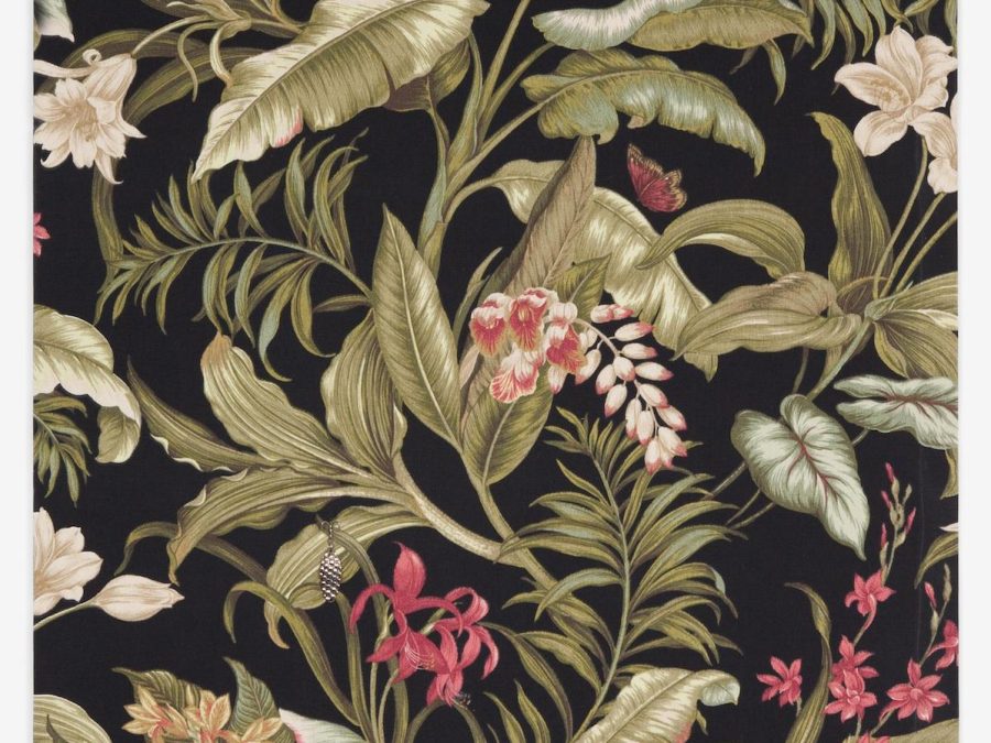 A tropical botanical pattern usually seen on wallpaper and fabric