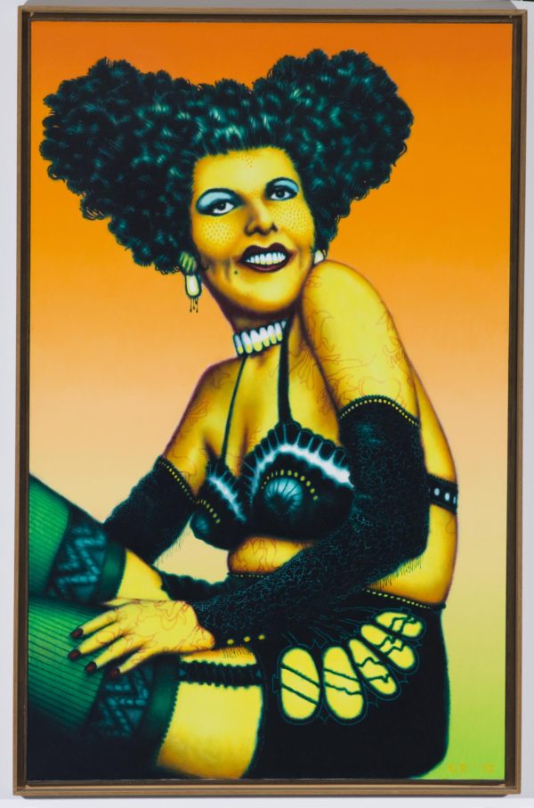 Painting of a female presenting person with yellow-tinged skin and black curly hair done up in two buns, wearing black lingerie, green garter socks, and black arm warmers sitting with her legs crossed against a background that fades from orange to yellow to green