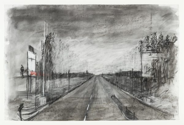 A mostly black and white drawing of the view down a straight road