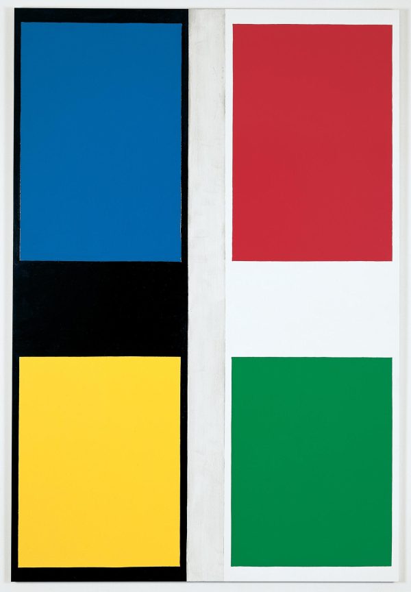 Two linear works hung side by side with rectangles of pure color on them: on the left is blue and yellow against a black background; on the right, red and green against a white background