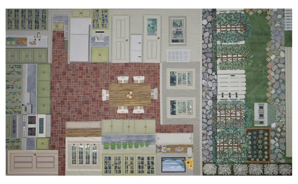 A flattened out house layout, featuring the kitchen, dining room, and garden
