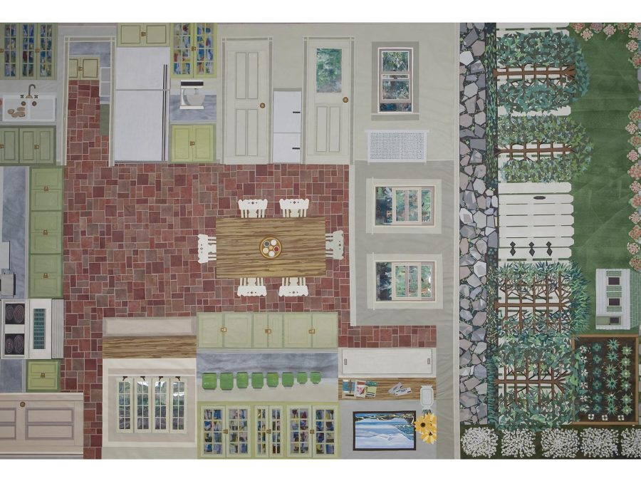 A flattened out house layout, featuring the kitchen, dining room, and garden