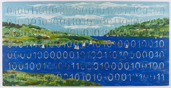 A painted waterscape interrupted by seven rows of numbers, a series of zeros and ones, spanning the entire work