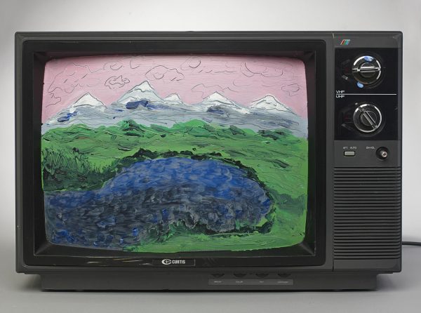 An older television with the screen painted with the scene of a lake and mountains in the background under a pink sky in thick brushstrokes