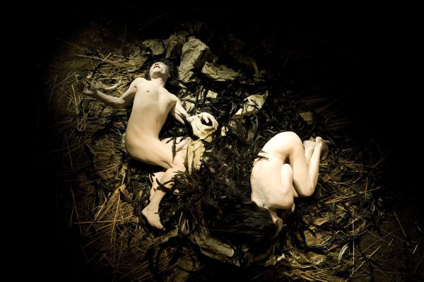 View from above of two nude people lying in a nest