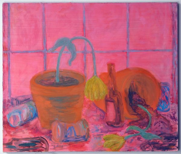 Cans and bottles surround two dying potted flowers in a pepto-bismol pink setting