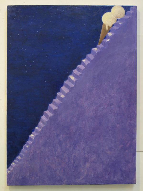An ice cream cone with two scoops of vanilla ice cream at the top of a steep purple staircase against a midnight blue background