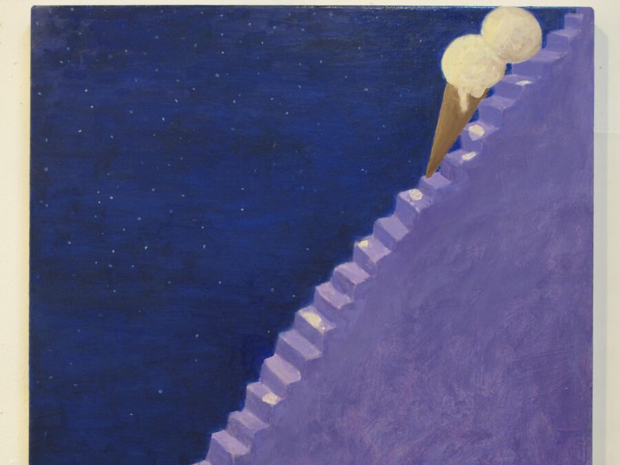An ice cream cone with two scoops of vanilla ice cream at the top of a steep purple staircase against a midnight blue background