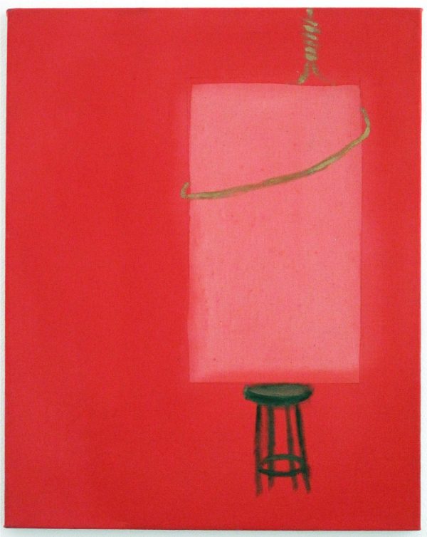 A light red rectangle with a noose around the top half resting on a stool against a striking red background