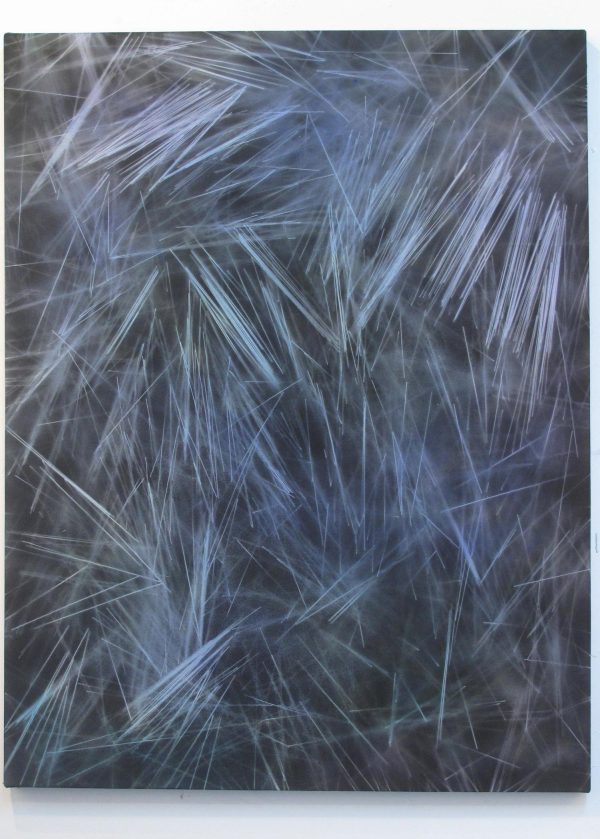 White and blue lines scattered across a black background in this rectangular artwork hung vertically on a white wall