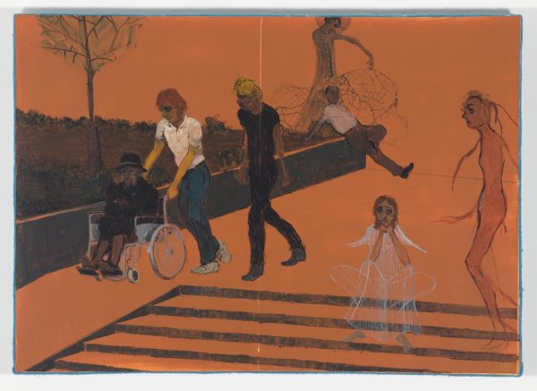 Illustration of a general scene of people walking near a park and stairs against an orange background