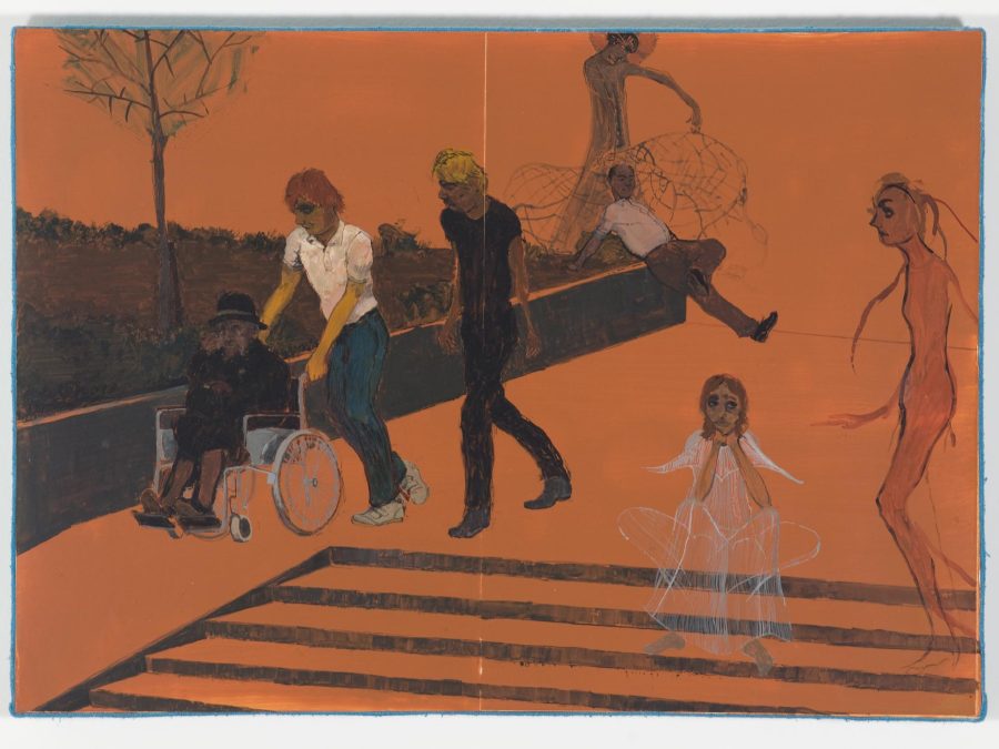 Illustration of a general scene of people walking near a park and stairs against an orange background