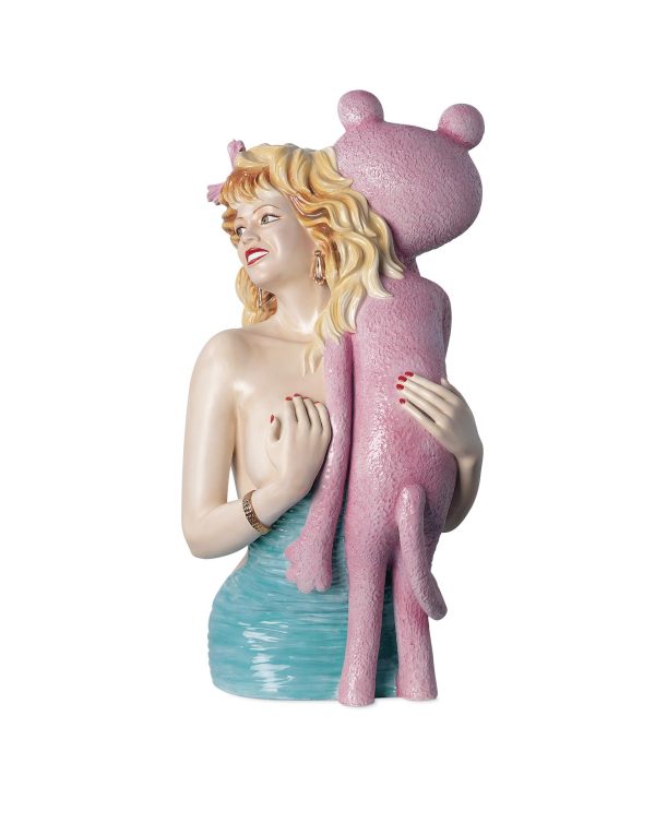 A blonde mermaid covering her right breast with her hand hugs the pink panther with her left arm