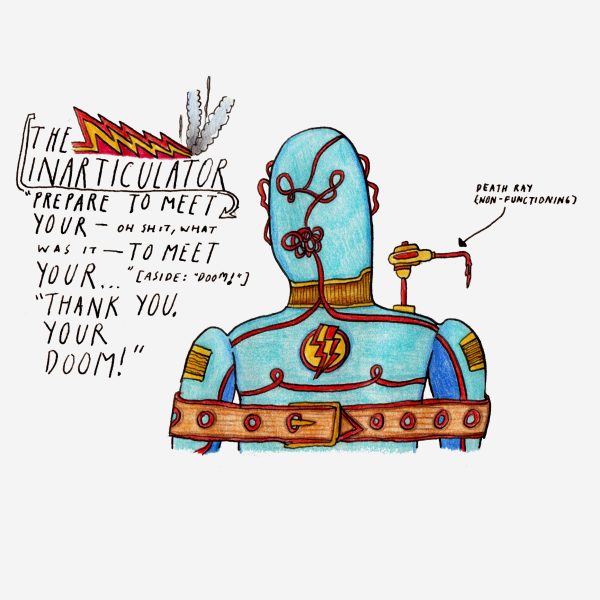 Drawing of a blue robot-like being labeled the Inarticulator with a quote reading 