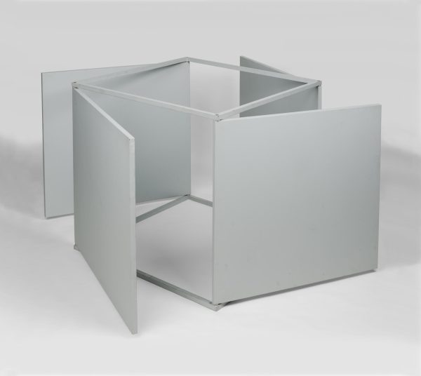 A gray cube with all sides angled outwards at the same angle like doors opened slightly ajar