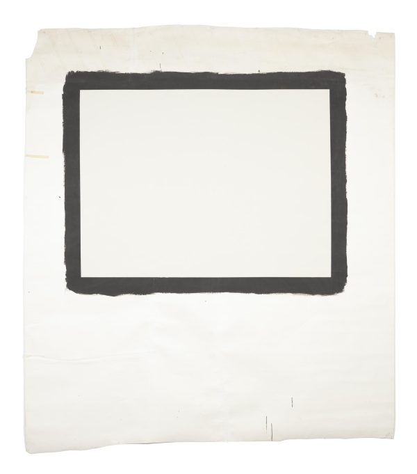 A black painted horizontal rectangle on a slightly torn up piece of paper