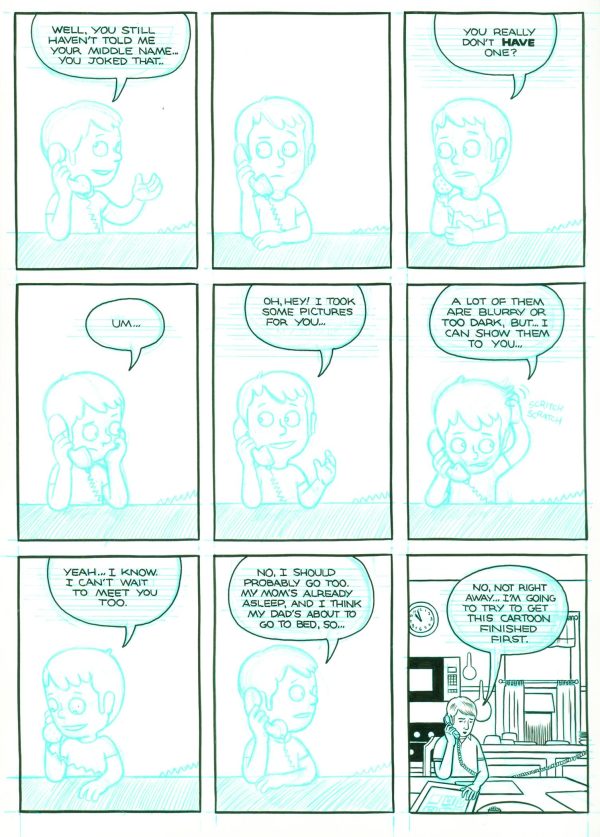 A comic strip drawn in blue colored pencil shows a cartoon character talking on the phone.
