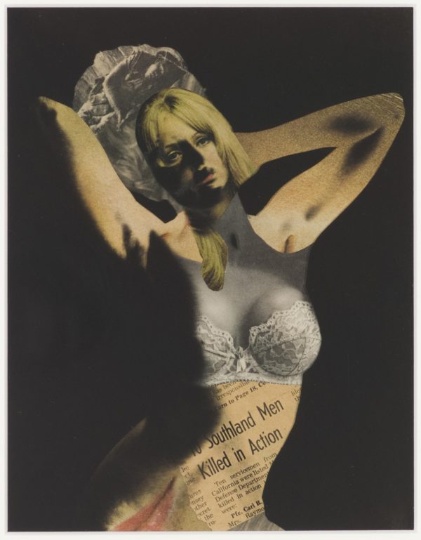 A woman made up of cut out newspaper pages and images posed provocatively with her hands behind her head