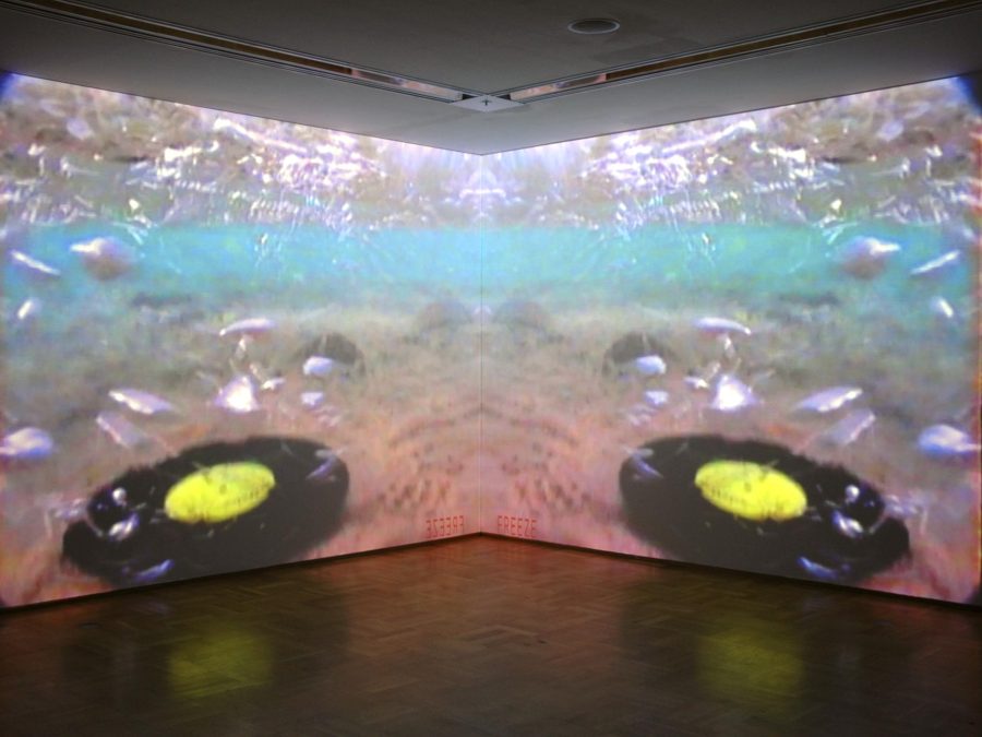 A screen projects an image of an underwater scene with a circular black and yellow object on the sea floor, resembling a vinyl record. The image is mirrored along the vertical plane. The image is mirrored along the vertical plane.