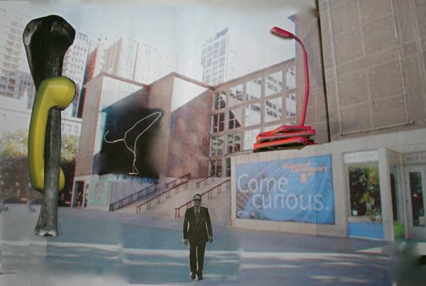 Drawings of a yellow telephone wrapped around a bone, a street light, a coat hanger, and a man walking on a photo of the MCA's plaza