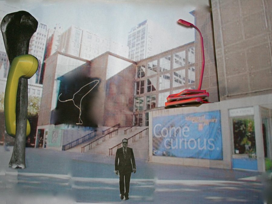 Drawings of a yellow telephone wrapped around a bone, a street light, a coat hanger, and a man walking on a photo of the MCA's plaza