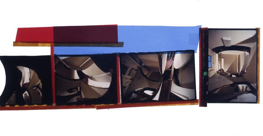 Four photo slides of a construction project taped together with blue and red tape