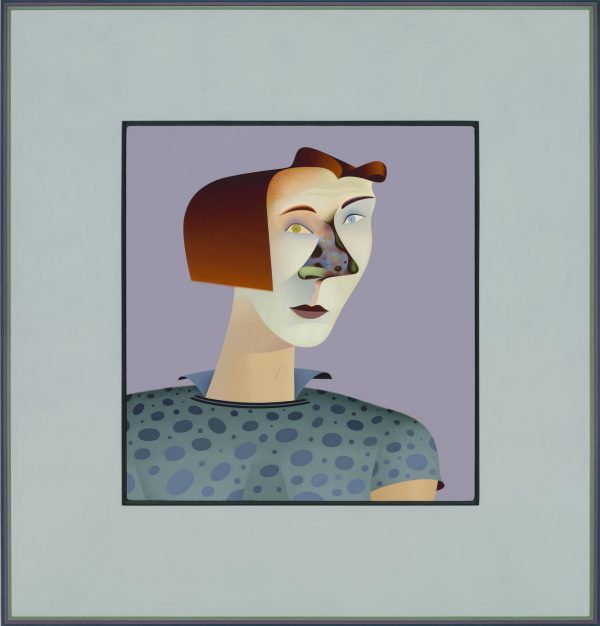 A Picasso-like portrait of a woman with short brown hair and a muted teal polka-dot shirt against a lilac background. It is framed with a moss-colored mat.