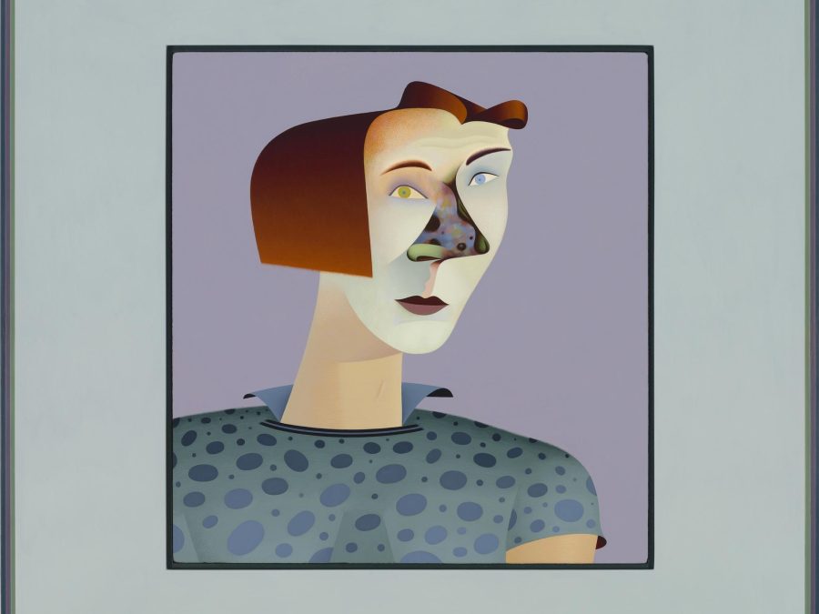 A Picasso-like portrait of a woman with short brown hair and a muted teal polka-dot shirt against a lilac background. It is framed with a moss-colored mat.