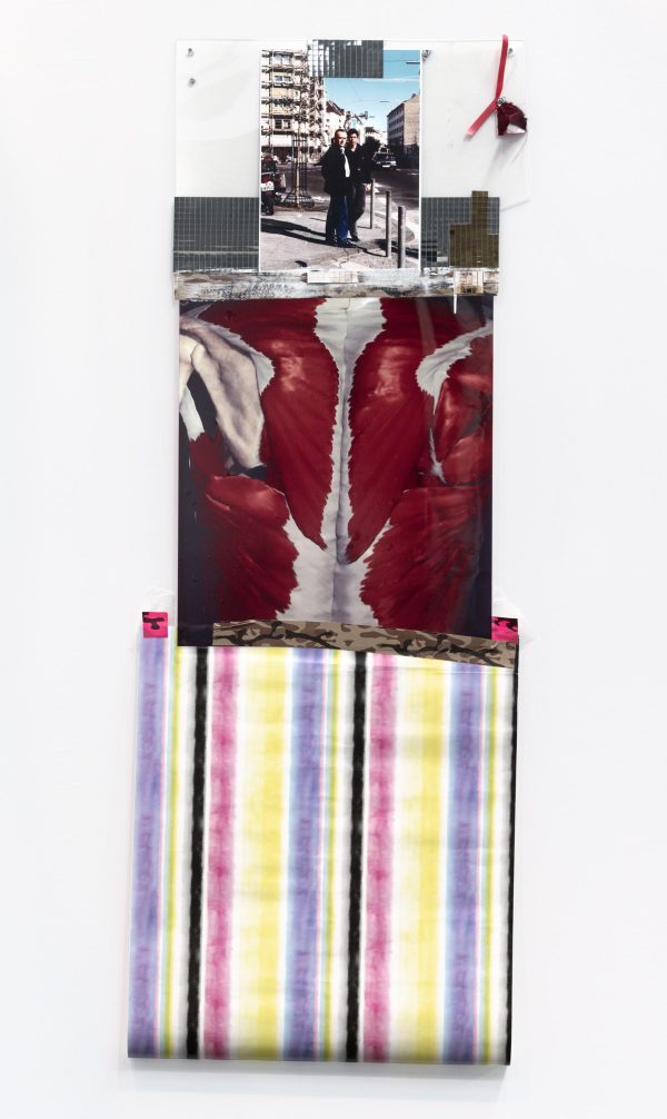 A collage of images and fabrics stacked to resemble a human body
