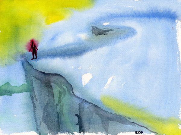 Simplistic watercolor of a person standing at the edge of a cliff
